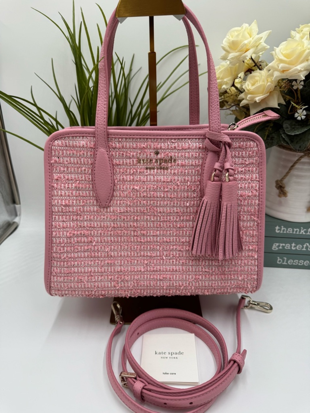 Kate Spade Rowe Summer Tweed Medium Satchel Bag in Carnation Pink
